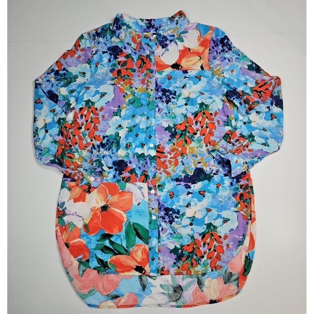 Fig & Flower Womens Floral Button Front Tunic Shirt Roll Tab Sleeves Size XL